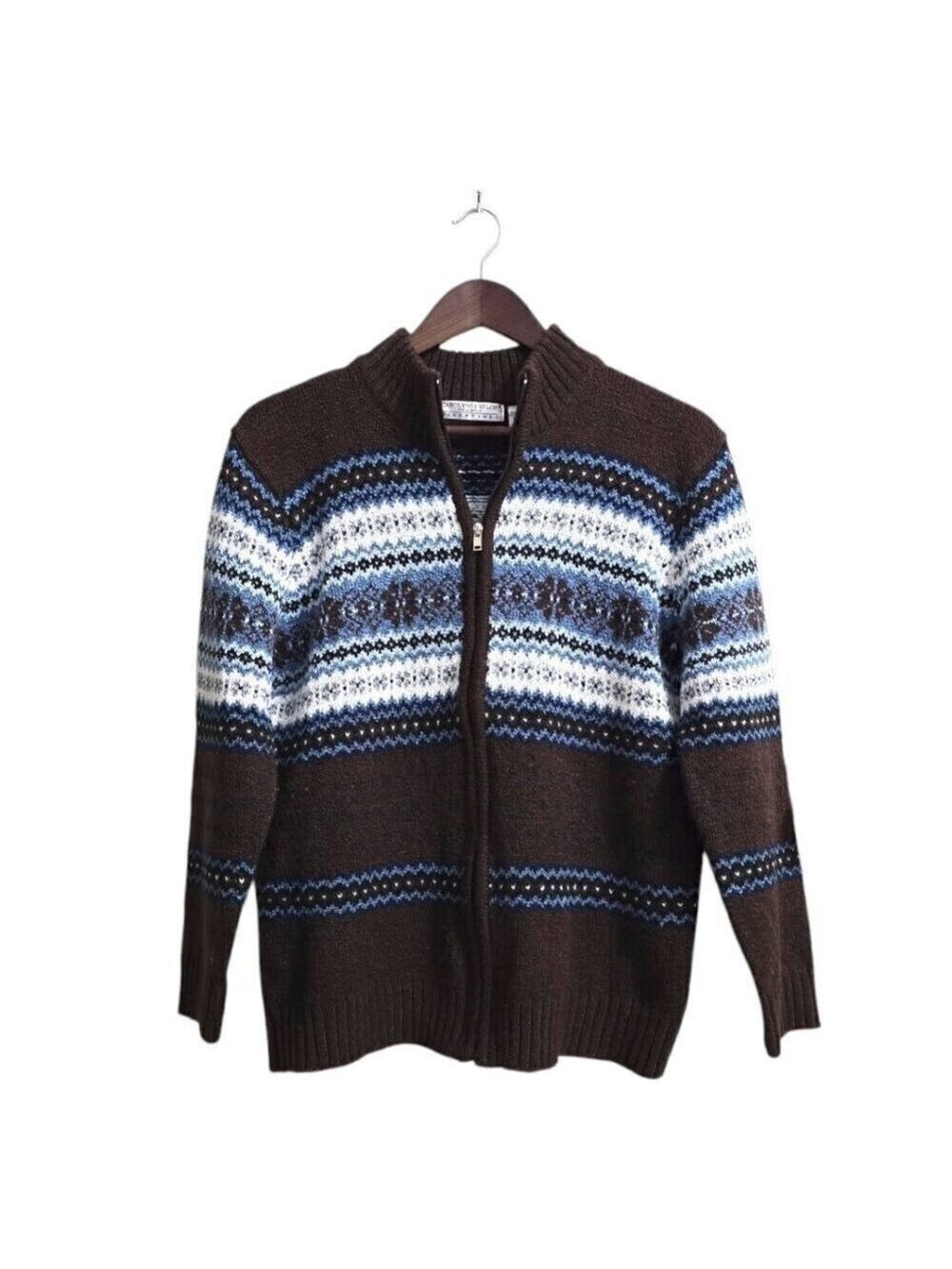 Carolyn Taylor Vintage Brown Fair Isle Acrylic Blend Zip Sweater Sz S